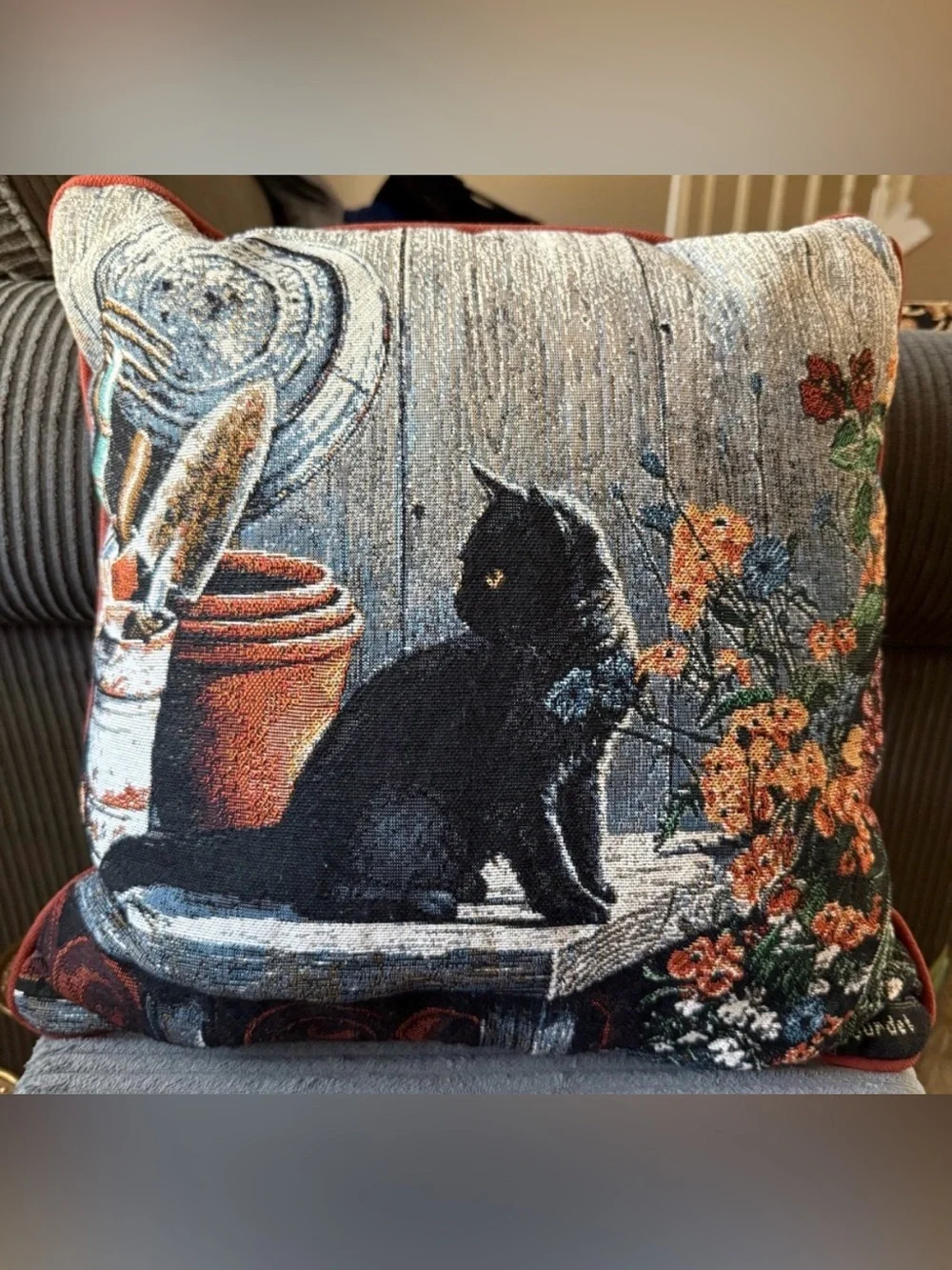 VTG Susan Bourdet Decorative Pillow Black Cat Design Halloween Fall Tapestry